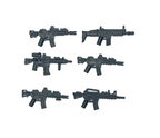 Six black toy guns arranged in two rows on a white background