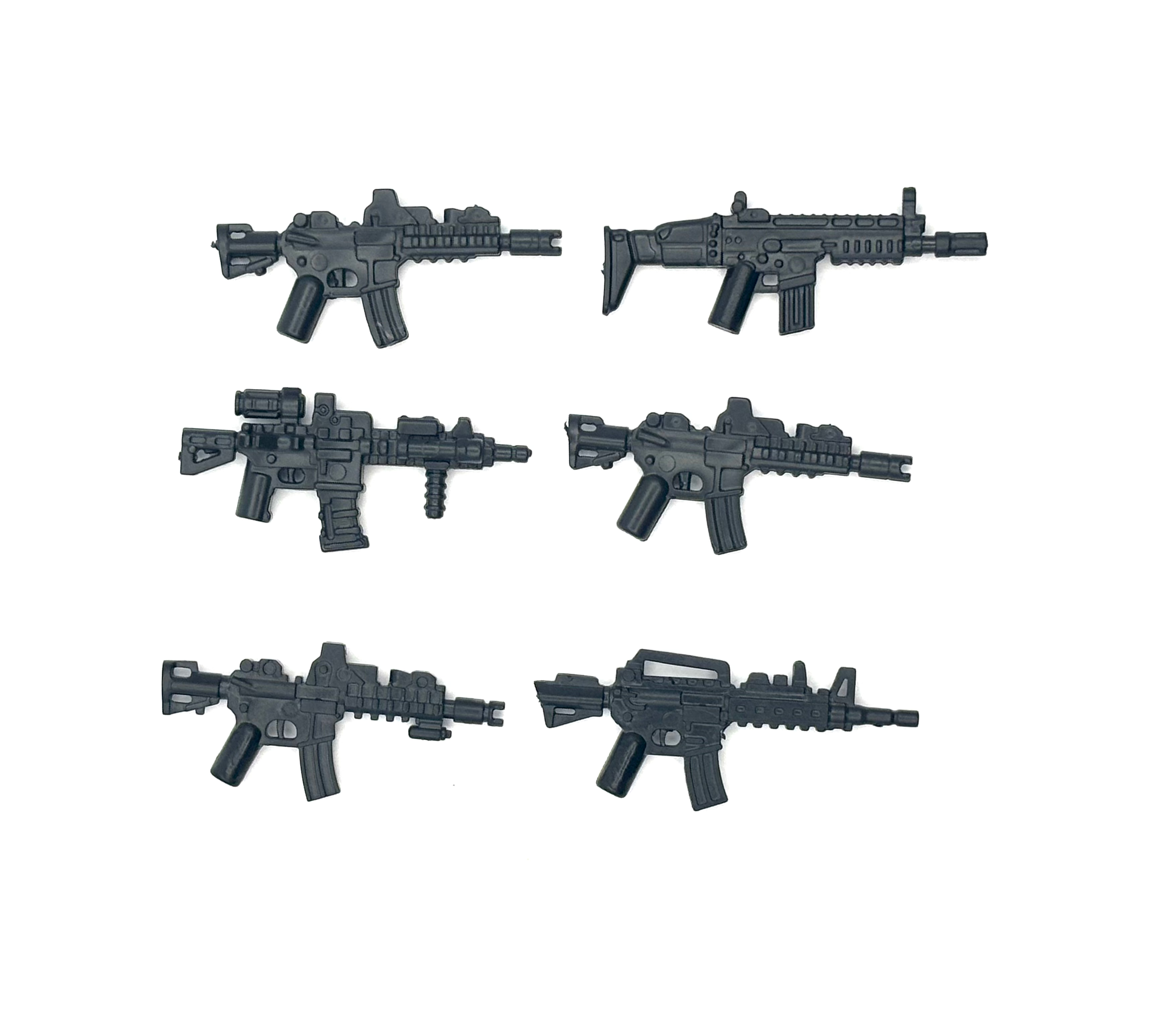 Six black toy guns arranged in two rows on a white background