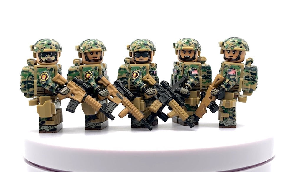 Five military minifigures in camouflage uniforms and helmets, each holding a black and tan rifle, standing on a white circular platform against a white background.